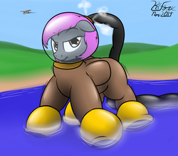 Size: 1176x1037 | Tagged: safe, artist:the-furry-railfan, oc, oc only, oc:crash dive, oc:night strike, pegasus, pony, aircraft, diving suit, floating, grumpy, hose, hose bulges, inflation, lake, silly, silly pony, sky, solo