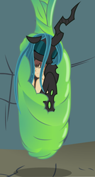 Size: 2152x4024 | Tagged: safe, artist:badumsquish, derpibooru exclusive, queen chrysalis, oc, oc:anon, oc:generic messy hair anime anon, changeling, changeling queen, human, g4, cave, cocoon, cuddlebug, cuddling, encasement, female, human on changeling snuggling, male, sleeping, smiling, snuggling