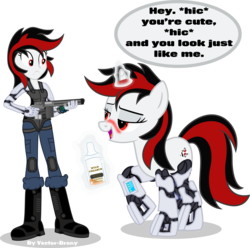 Size: 3268x3243 | Tagged: safe, artist:vector-brony, oc, oc only, oc:blackjack, cyborg, human, unicorn, fallout equestria, fallout equestria: project horizons, equestria girls, g4, alcohol, blushing, drunk, high res, human ponidox, humanized, self paradox, self ponidox, shocked, simple background, transparent background, whiskey