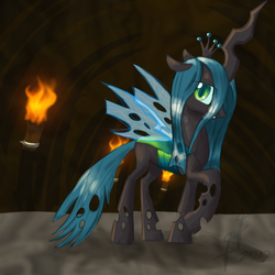 Size: 700x700 | Tagged: dead source, safe, artist:funnyfany, queen chrysalis, changeling, changeling queen, g4, crown, female, jewelry, raised hoof, regalia, solo
