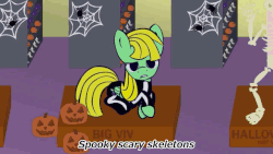 Size: 640x360 | Tagged: safe, artist:viva reverie, oc, oc only, oc:viva reverie, pegasus, pony, spider, animated, bone, boots, caption, christmas, christmas creep, clock, clothes, costume, female, folded wings, frown, gloves, halloween, halloween costume, hat, holiday, immatoonlink, it came from youtube, jack-o-lantern, jacket, lidded eyes, looking at you, mare, open mouth, prone, pumpkin, santa costume, santa hat, shoes, singing, skeleton, skeleton costume, solo, spider web, spooky scary skeleton, subtitles, youtube link