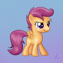 Size: 700x700 | Tagged: safe, artist:funnyfany, scootaloo, pegasus, pony, g4, blank flank, female, filly, foal, gradient background, signature, smiling, smirk, solo, spread wings, wings