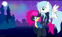 Size: 1024x614 | Tagged: safe, artist:noah-x3, oc, oc only, oc:neon flare, oc:snowy breeze, pegasus, pony, fireworks, group, show accurate
