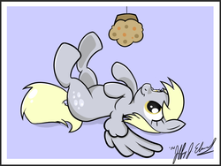 Size: 800x600 | Tagged: safe, artist:turkthewolf, derpy hooves, pegasus, pony, g4, cute, derpabetes, eyes on the prize, female, legs in air, mare, muffin, on back, smiling, solo, spread wings