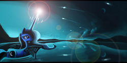 Size: 1600x800 | Tagged: safe, artist:auroriia, princess luna, alicorn, pony, g4, female, glowing horn, horn, moon, solo, water