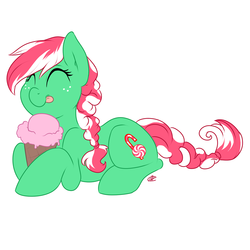 Size: 1280x1280 | Tagged: safe, artist:meggchan, oc, oc only, oc:peppermint chip, pony, :p, cute, eyes closed, female, freckles, happy, hoof hold, ice cream, ice cream cone, ocbetes, prone, smiling, solo, tongue out
