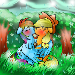 Size: 1417x1417 | Tagged: safe, artist:death-is-death, applejack, rainbow dash, earth pony, pegasus, pony, g4, blushing, duo, female, hug, kiss on the lips, kissing, lesbian, mare, ship:appledash, shipping, winghug