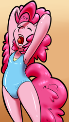 Size: 420x741 | Tagged: safe, artist:draneas, pinkie pie, earth pony, semi-anthro, g4, arm hooves, armpits, clothes, female, gradient background, one-piece swimsuit, solo, swimsuit, yawn