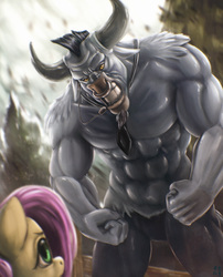 Size: 2281x2829 | Tagged: safe, artist:mrs1989, fluttershy, iron will, minotaur, pony, g4, duo, female, high res, male, mare, muscles, painting