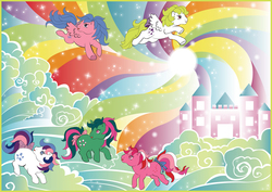 Size: 1258x890 | Tagged: safe, artist:dinogomonni, firefly, fizzy, galaxy (g1), gingerbread, surprise, g1, dream castle