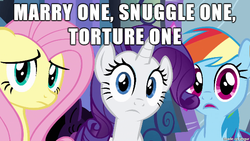 Size: 610x343 | Tagged: safe, fluttershy, rainbow dash, rarity, pony, unicorn, g4, bronybait, female, fuck marry kill, image macro, mare, meme, sadistic choice, snuggling