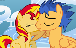 Size: 1500x950 | Tagged: safe, artist:asika-aida, flash sentry, sunset shimmer, pony, unicorn, g4, cloudsdale, couple, double rainboom puppet, female, kissing, love, male, ship:flashimmer, shipping, straight