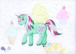 Size: 1000x713 | Tagged: safe, artist:larrachersan, fizzy, g1, cupcake, female, food, solo, unshorn fetlocks