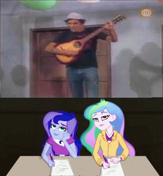 Size: 888x960 | Tagged: safe, princess celestia, princess luna, principal celestia, vice principal luna, equestria girls, g4, my little pony equestria girls: rainbow rocks, don ramon, el chavo del 8, guitar, meme