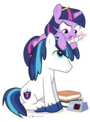 Size: 600x810 | Tagged: safe, artist:dm29, shining armor, twilight sparkle, pony, unicorn, g4, book, colt, duo, female, filly, filly twilight sparkle, horn, pencil, ponies riding ponies, pony hat, riding, siblings, simple background, transparent background, twilight riding shining armor, younger