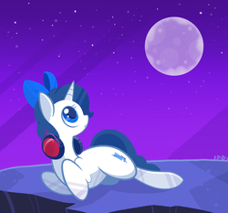 Size: 5000x4664 | Tagged: safe, artist:b-epon, oc, oc only, oc:sapphire moonlight, pony, unicorn, :o, absurd resolution, bow, commission, female, full moon, headphones, looking up, mare, moon, night, on side, sitting, solo