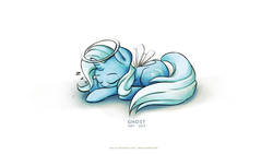 Size: 3840x2160 | Tagged: safe, artist:tenart, trixie, ghost, pony, unicorn, g4, artofthepony, ear fluff, eyes closed, female, halo, mare, onomatopoeia, prone, rest in peace, simple background, sleeping, solo, sound effects, stoned trixie, teary eyes, white background, zzz