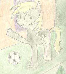 Size: 3882x4359 | Tagged: safe, artist:barryfrommars, derpy hooves, pegasus, pony, g4, female, football, grass, happy, house, pencil drawing, shadow, shutters, smiling, solo, traditional art