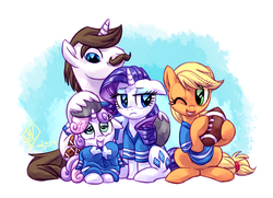 Size: 1280x928 | Tagged: safe, artist:whitediamonds, applejack, hondo flanks, rarity, sweetie belle, earth pony, pony, unicorn, rarijack daily, g4, american football, belle sisters, clothes, cute, diasweetes, family, female, filly, foal, group, hoofball, jersey, lesbian, lidded eyes, male, mare, quartet, ship:rarijack, shipping, shirt, siblings, sisters, stallion
