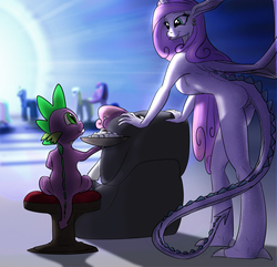 Size: 1200x1157 | Tagged: safe, artist:thatkirinartist, derpibooru exclusive, spike, sweetie belle, oc, oc:seraphi, dracony, hybrid, anthro, g4, anthro oc, female, interspecies offspring, male, offspring, parent:spike, parent:sweetie belle, parents:spikebelle, ship:spikebelle, shipping, straight