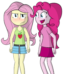 Size: 609x719 | Tagged: safe, artist:liggliluff, fluttershy, pinkie pie, equestria girls, g4, animated, annoyed, assisted exposure, belly button, blushing, breasts, clothes, embarrassed, embarrassed underwear exposure, female, heart, heart print underwear, humiliation, panties, pink underwear, prank, ribbon, skirt, tank top, unamused, underwear, undressing, unzipping, zipper, zipper skirt