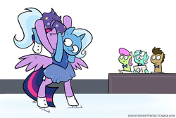 Size: 900x604 | Tagged: safe, artist:egophiliac, doctor whooves, lyra heartstrings, merry may, time turner, trixie, twilight sparkle, alicorn, earth pony, pegasus, pony, unicorn, tumblr:inconvenient trixie, g4, background pony, bowtie, female, figure skating, ice skates, ice skating, inconvenient trixie, lyra's score, male, mare, meme, stallion, tumblr, twilight sparkle (alicorn), woonoggles