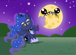 Size: 2586x1887 | Tagged: safe, artist:everlastingderp, princess luna, alicorn, pony, g4, cheese moon, deface the moon, eating, edible heavenly object, ethereal mane, faic, hoof shoes, moon, starry mane, tangible heavenly object