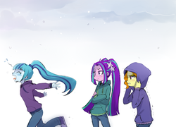 Size: 784x566 | Tagged: safe, artist:baekgup, adagio dazzle, aria blaze, sonata dusk, equestria girls, g4, my little pony equestria girls: rainbow rocks, catching snowflakes, clothes, eyes closed, female, hoodie, open mouth, pants, silly, snow, snowfall, snowflake, sweater, the dazzlings, tongue out
