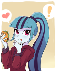 Size: 600x750 | Tagged: dead source, safe, artist:baekgup, sonata dusk, equestria girls, g4, my little pony equestria girls: rainbow rocks, :t, clothes, cute, eating, exclamation point, female, food, heart, high ponytail, long hair, ponytail, solo, sonatabetes, sonataco, sweater, taco, that girl sure loves tacos, that siren sure does love tacos