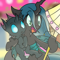 Size: 1000x1000 | Tagged: safe, artist:ethaes, queen chrysalis, changeling, changeling queen, fanfic:changeling the movie, g4, duo, fanfic art, female, lamp