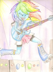 Size: 1024x1402 | Tagged: safe, artist:deadliestvenom, rainbow dash, equestria girls, g4, my little pony equestria girls: rainbow rocks, drawing, female, guitar, solo, traditional art