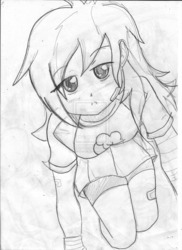 Size: 1024x1408 | Tagged: safe, artist:alesarox, rainbow dash, equestria girls, g4, bedroom eyes, cute, dashabetes, deviantart watermark, drawing, female, monochrome, obtrusive watermark, solo, traditional art, watermark