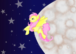 Size: 7016x4961 | Tagged: safe, artist:littlewolfstudios, fluttershy, g4, absurd resolution, fangs, female, filly, flutterbat, flying, moon, sky, solo, stars, wings