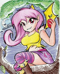 Size: 1280x1593 | Tagged: safe, artist:noisyvox, fluttershy, human, g4, apple, boots, breasts, busty fluttershy, clothes, cloud, cloudy, female, flutterbat, humanized, leaves, midriff, miniskirt, moon, night, short shirt, skirt, socks, solo, striped socks, tank top, thigh highs, torn clothes, traditional art, tree, winged humanization