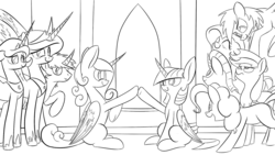 Size: 1280x720 | Tagged: safe, artist:underpable, applejack, fluttershy, pinkie pie, princess cadance, princess celestia, princess luna, rainbow dash, rarity, shining armor, twilight sparkle, alicorn, pony, g4, alicorn tetrarchy, applejack is not amused, blank flank, commission, fanfic art, female, hoofbump, mane six, mare, monochrome, twilight sparkle (alicorn), unamused