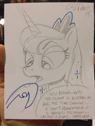 Size: 768x1024 | Tagged: safe, artist:andy price, princess luna, g4, australia, dialogue, female, monochrome, open mouth, raised hoof, sketch, solo, speech bubble, traditional art