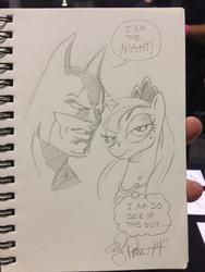 Size: 768x1024 | Tagged: safe, artist:andypriceart, princess luna, g4, batman, dialogue, frown, grayscale, i am the night, lidded eyes, looking at you, monochrome, portrait, raised eyebrow, sketch, speech bubble, thought bubble, traditional art, unamused