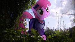 Size: 3840x2160 | Tagged: safe, artist:bastbrushie, artist:theshadowstone, berry punch, berryshine, earth pony, pony, g4, background pony, bow, choker, clothes, dress, female, field, hair bow, high res, irl, mare, photo, ponies in real life, smiling, solo, vector