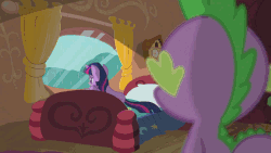 Size: 768x432 | Tagged: safe, screencap, spike, twilight sparkle, pony, g4, magical mystery cure, animated, bed, book, clock, comforting, cuckoo clock, curtains, determined, golden oaks library, rain, reassurance, sad, tree, window