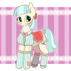 Size: 1125x1125 | Tagged: safe, artist:ayahana, coco pommel, g4, blushing, clothes, cute, female, saddle, socks, solo