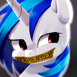 Size: 600x600 | Tagged: safe, artist:ayahana, dj pon-3, vinyl scratch, g4, buy some apples, censorship, female, gag, portrait, solo, tape gag