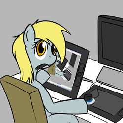 Size: 1000x1000 | Tagged: safe, artist:shinmera, derpy hooves, pegasus, pony, g4, chair, computer, droste effect, female, graphics tablet, gray background, recursion, simple background, solo, table, tablet, underp