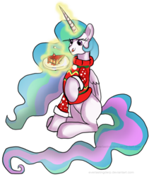 Size: 2251x2668 | Tagged: safe, artist:everlastingderp, princess celestia, alicorn, pony, g4, cake, cakelestia, cherry, christmas sweater, clothes, cute, cutelestia, ethereal mane, ethereal tail, female, food, fork, glowing, glowing horn, high res, horn, mare, raised hoof, solo, sweater, tail, tongue out