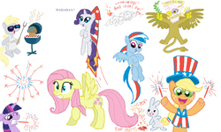 Size: 801x481 | Tagged: safe, artist:shuffle001, angel bunny, applejack, derpy hooves, fluttershy, gilda, rainbow dash, rarity, twilight sparkle, earth pony, griffon, pegasus, pony, rabbit, unicorn, g4, 4th of july, amerijack, animal, female, fireworks, hat, mare, muffin, rocket, unicorn twilight, united states, wahaha