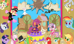Size: 801x480 | Tagged: safe, artist:shuffle001, apple bloom, applejack, cheerilee, derpy hooves, mr breezy, rainbow dash, rarity, scootaloo, snails, snips, sweetie belle, twilight sparkle, twist, vera, earth pony, pegasus, pony, unicorn, g4, the show stoppers, afro, background pony, clothes, clown hair, costume, crying, cutie mark crusaders, derpy being derpy, female, glasses, hat, juggling, mare, show stopper outfits, spa pony, stage, unicorn twilight