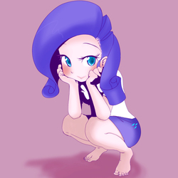 Size: 1600x1600 | Tagged: safe, artist:zigrock, rarity, human, g4, barefoot, clothes, feet, female, humanized, looking at you, miniskirt, pixiv, shirt, simple background, skirt, solo, squatting, toes, younger