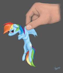 Size: 800x923 | Tagged: safe, artist:the1xeno1, rainbow dash, pegasus, pony, g4, backwards cutie mark, crossed hooves, female, hand, holding a pony, mare, micro, signature, simple background, solo, tiny ponies, unamused