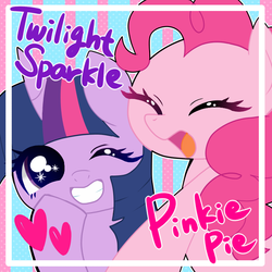 Size: 720x720 | Tagged: safe, artist:kurona, pinkie pie, twilight sparkle, pony, g4, cute, duo, eyes closed, heart, one eye closed, open mouth, pixiv, smiling