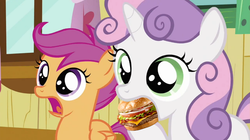 Size: 800x448 | Tagged: safe, artist:sweetieburger, scootaloo, sweetie belle, g4, burger, clubhouse, crusaders clubhouse, ponies eating meat