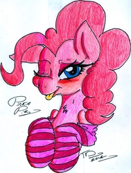 Size: 1240x1640 | Tagged: safe, artist:digitaldomain123, pinkie pie, g4, blushing, clothes, colored, socks, striped socks, tongue out, traditional art